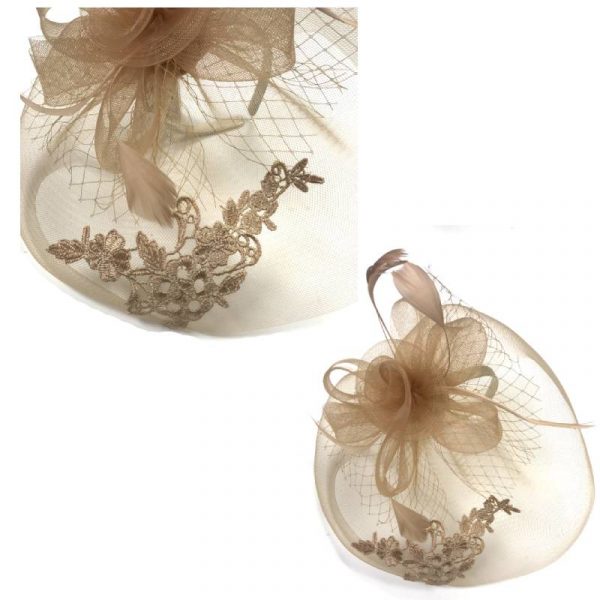 Fascinator - Kentucky Derby Hat - Tan Embroidered - Detail