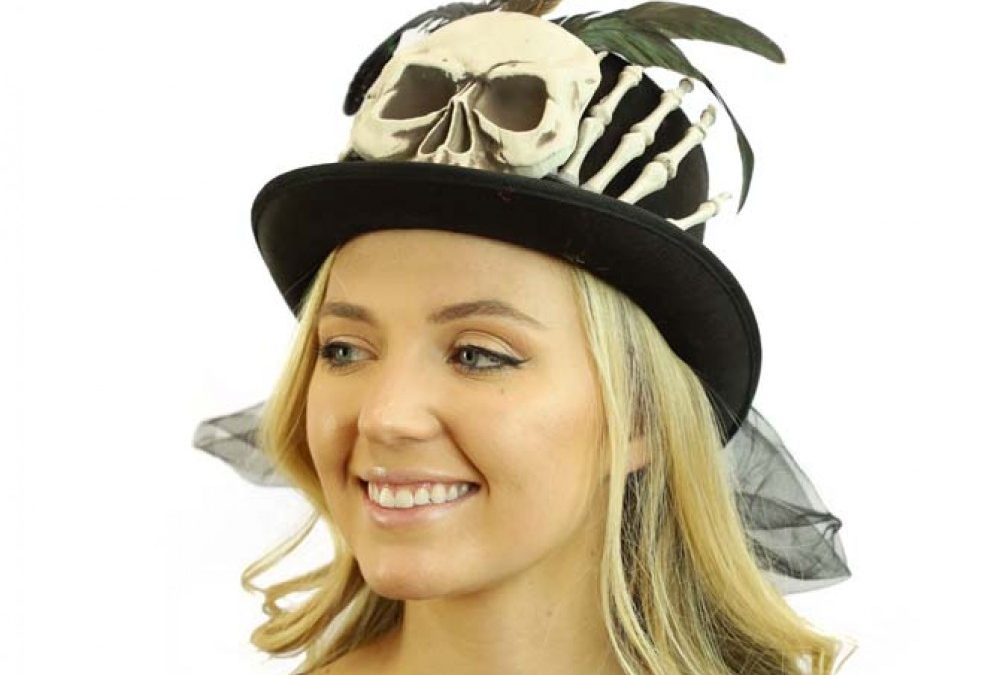 Black Felt Skeleton Top Hat w Feathers n Netting