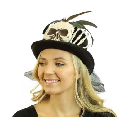 Black Felt Skeleton Top Hat w Feathers n Netting