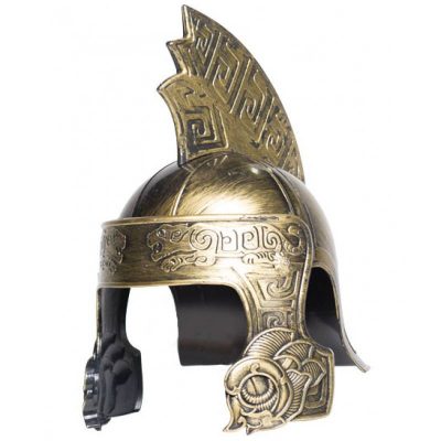 Gladiator Tiger Knight Helmet in brushed gold and black with embossed decorative details, cheek guards, and a tall crested top.