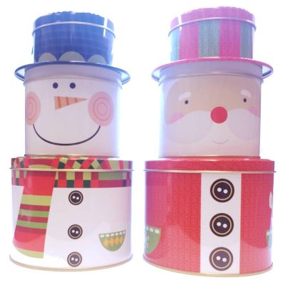 10" 3 Piece Snowman and Santa Tin Container