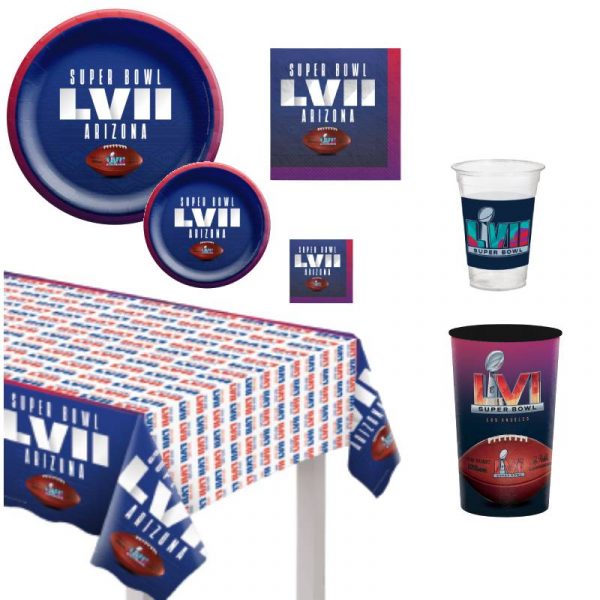 Official Super Bowl LVII plates, napkins, table cover, and plastic cups