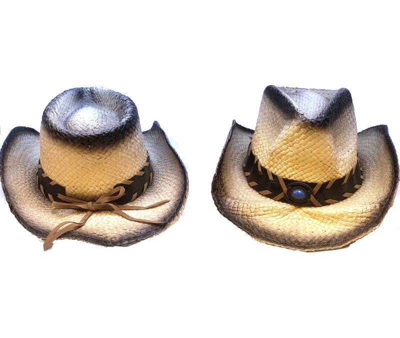 Stained Natural Woven Wired Brim Western Hat w Band and Medallion