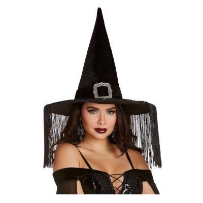 Black Velvet Wicked Witch Hat w Buckle and Fringe