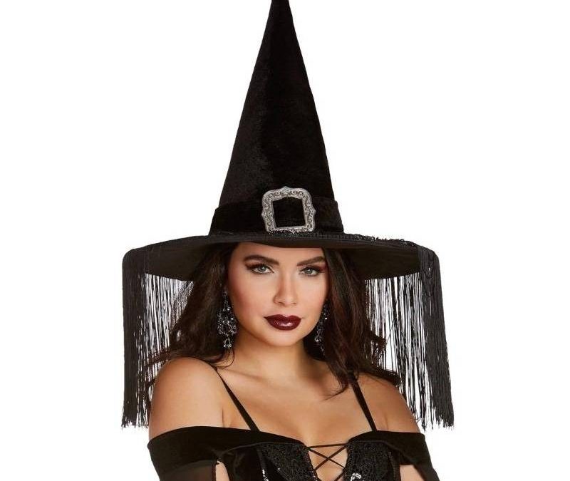 Black Velvet Wicked Witch Hat w Buckle and Fringe