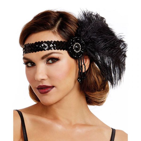 Costume 1920s Sequin and Jeweled Flapper Headpiece w Feather