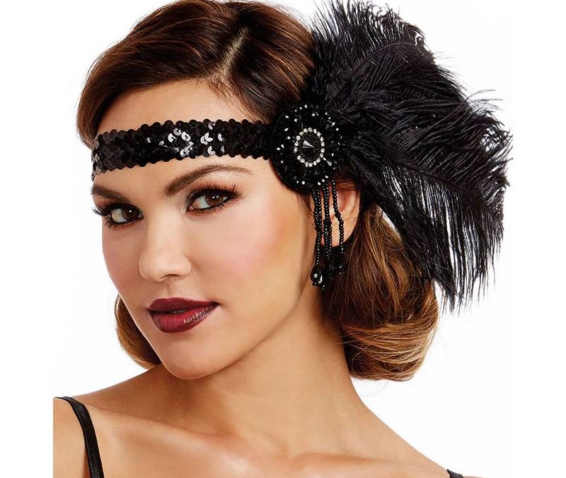 Costume 1920s Sequin and Jeweled Flapper Headpiece w Feather
