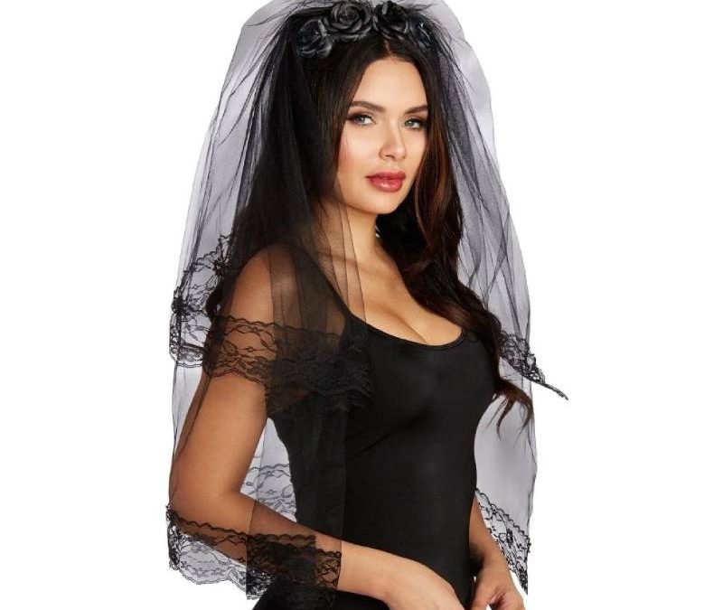 Costume Black Fabric Veil w Rose Trim