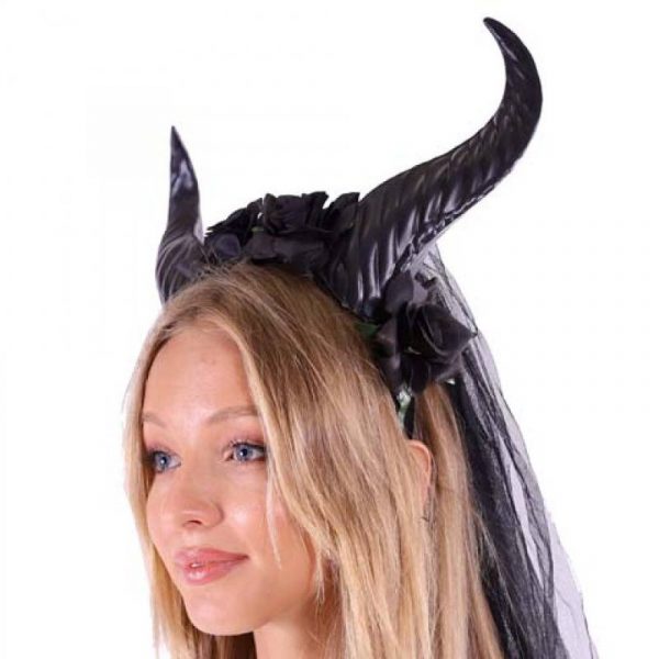 Costume Black Horns Headband w Floral Trim Black