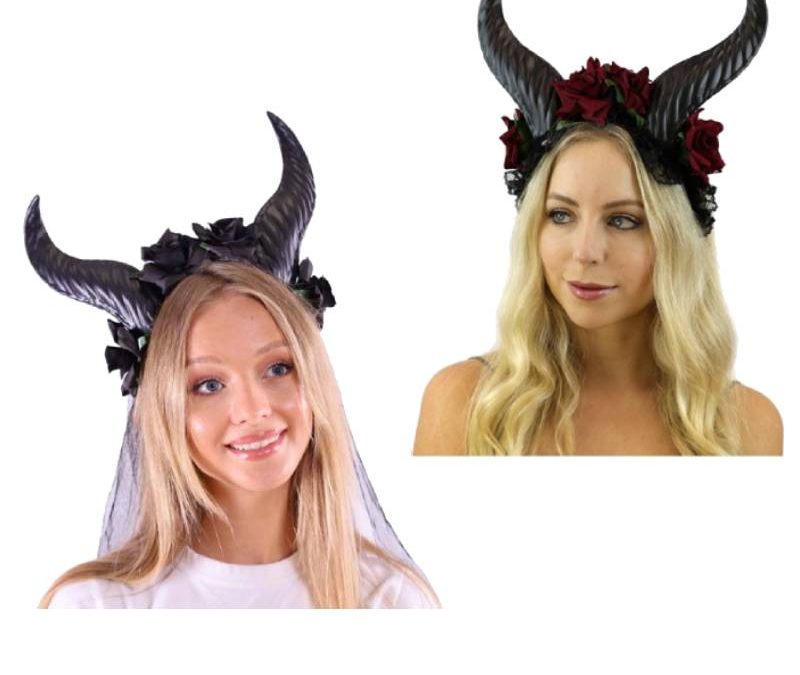 Costume Black Horns Headband w Floral Trim