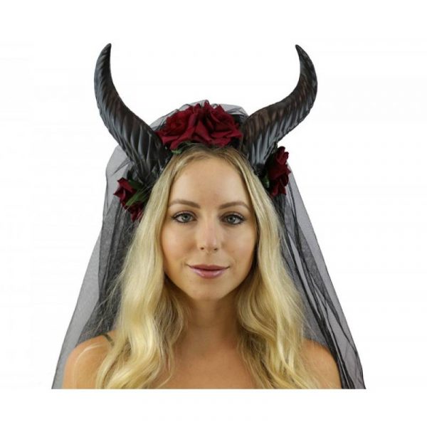 Costume Black Horns Headband w Floral Trim Red
