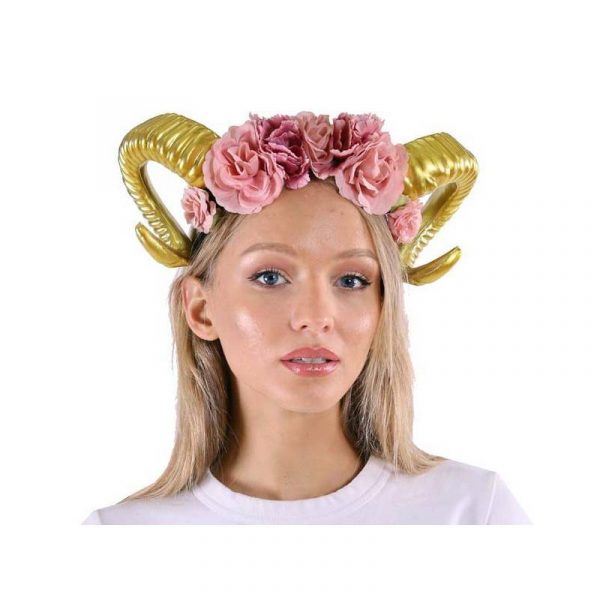 Costume Ram Horns Headband w Floral Trim