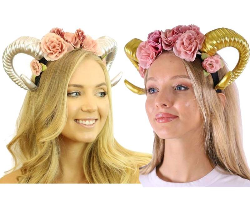 Costume Ram Horns Headband w Floral Trim