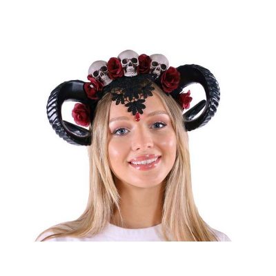 Costume Ram Horns Headband w Floral and Skulls Trim