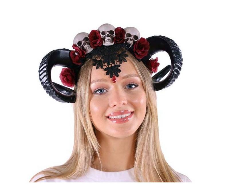 Costume Ram Horns Headband w Floral and Skulls Trim