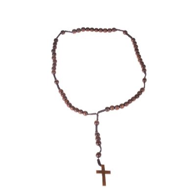Costume Wood Rosary Bead Necklace w Cross