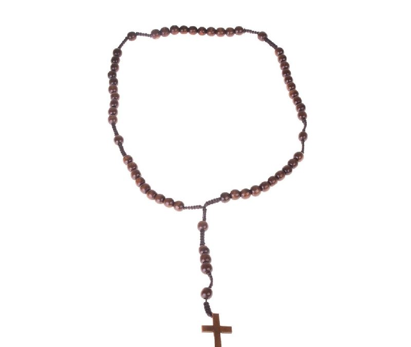 Costume Wood Rosary Bead Necklace w Cross