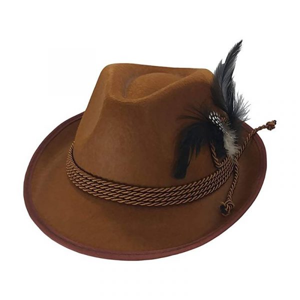 Brown Felt Bavarian Hat w Cording & Feathers