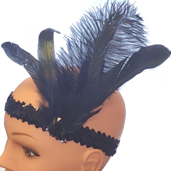 Black Costume Sequin Flapper Headband w Feathers