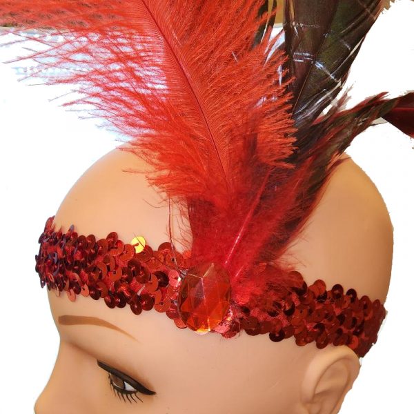 Red Costume Sequin Flapper Headband w Feathers