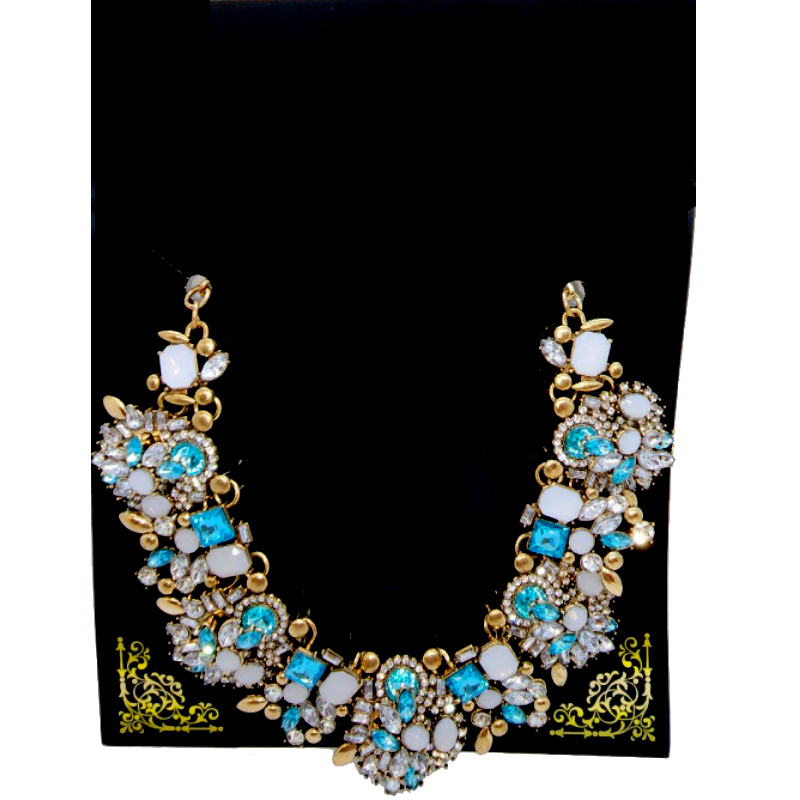 Jewels and Rhinestones Cluster White, Gold, Blue Necklace