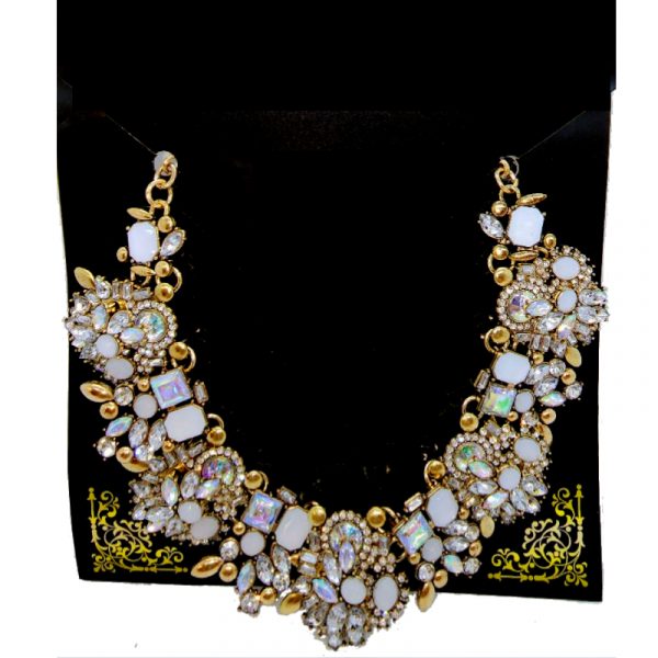 Jewels and Rhinestones White, Gold, Clear Cluster Necklace