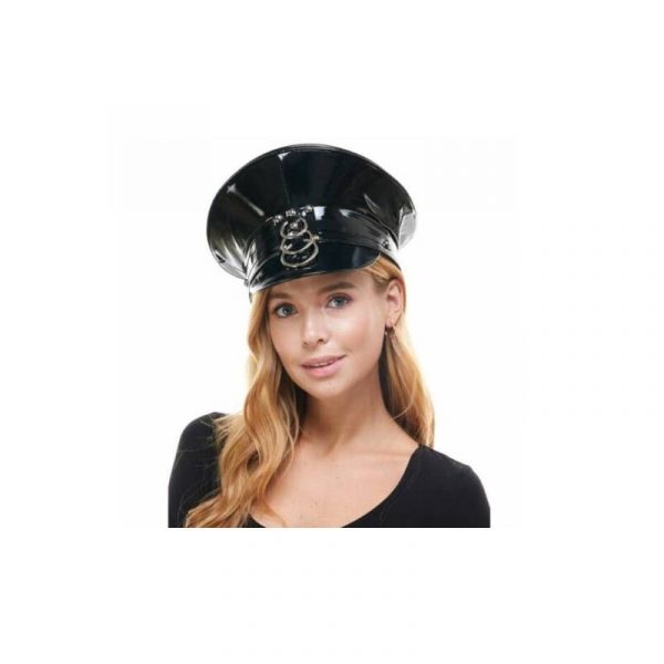 Black Metallic Fabric Police Hat Front View