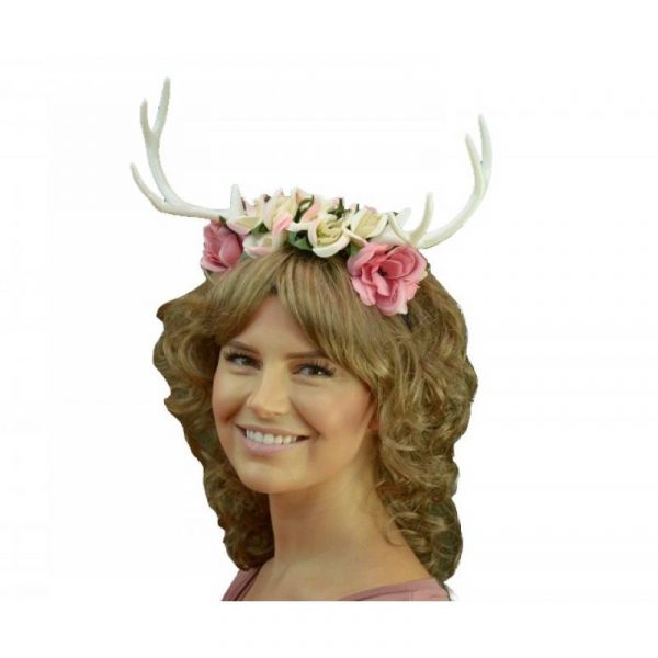 floral headband with antlers white