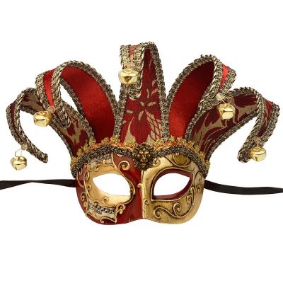 jester venetian half mask with musical notes red/gold