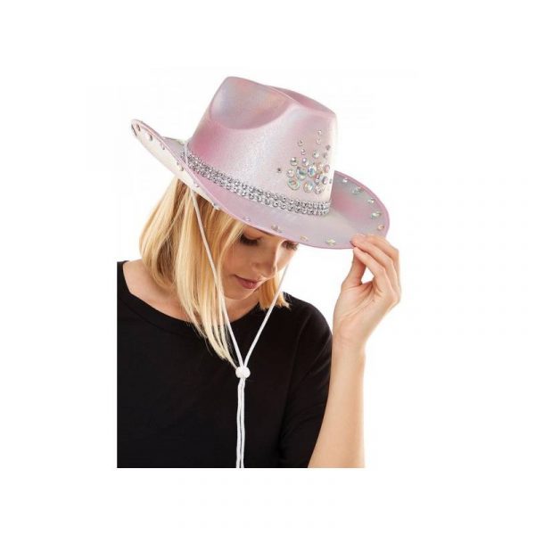 Pink Fabric Cowgirl hat with jewels and rhinestones.