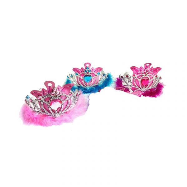 plated plastic crown tiara with jewels and marabou