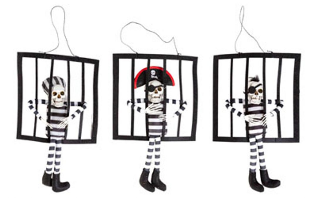 15″ Hanging Skeleton In Prison Bars