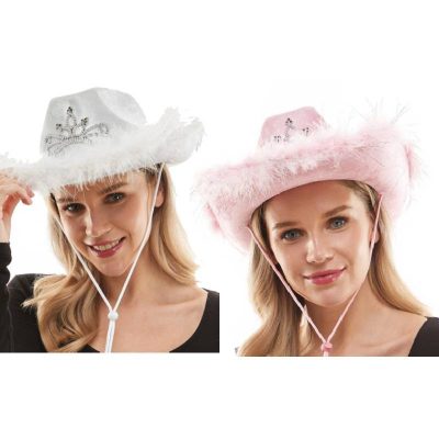 fabric light up western cowboy hat with marabou and tiara trim