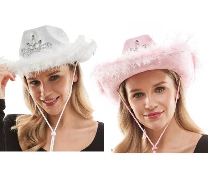 Fabric Light-Up Western Cowboy Hat w Marabou & Tiara Trim
