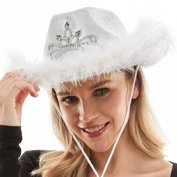 fabric light up western cowboy hat with marabou and tiara trim