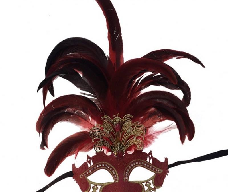 Costume Metal Half Mask w Rhinestones & Feathers