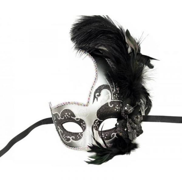 glittered venetian half mask with side feathers