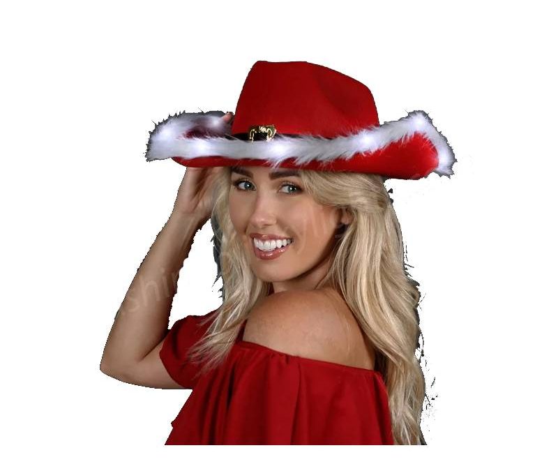 Light Up Felt Western Cowboy Santa Hat w Fur Trim
