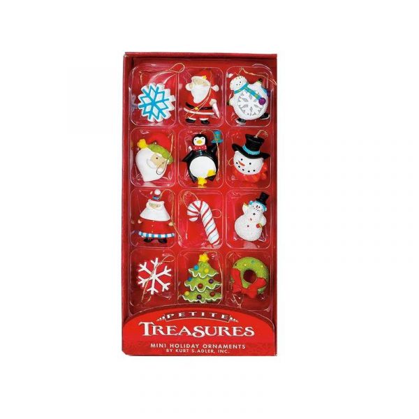 12 assorted mini resin holiday ornaments