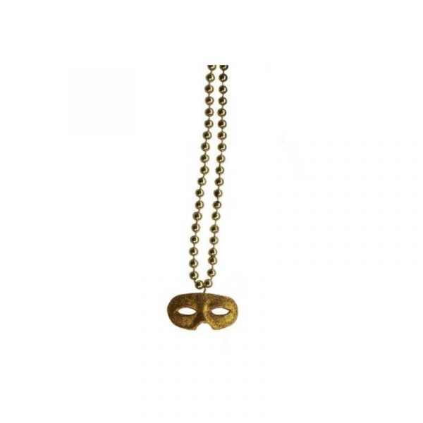 gold round metallic bead necklace with glitter domino mask