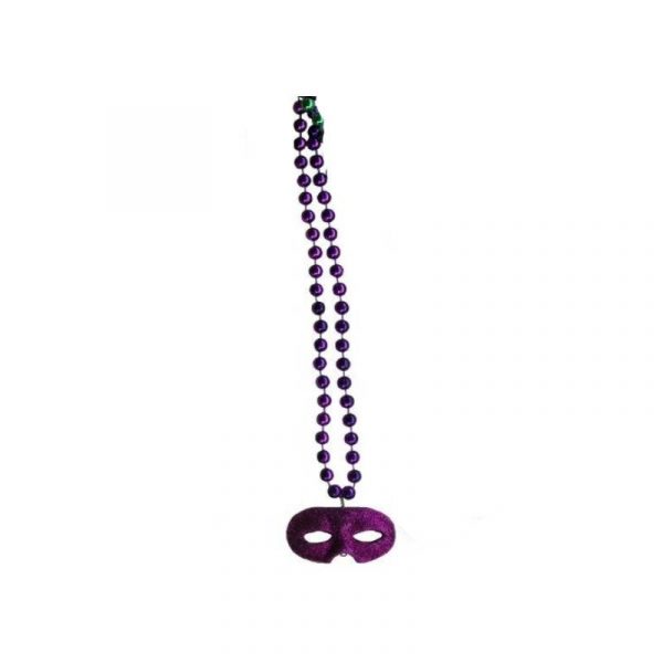 purple round metallic bead necklace with glitter domino mask