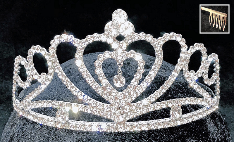 Silver Tiara with Rhinestones and triple-heart design.