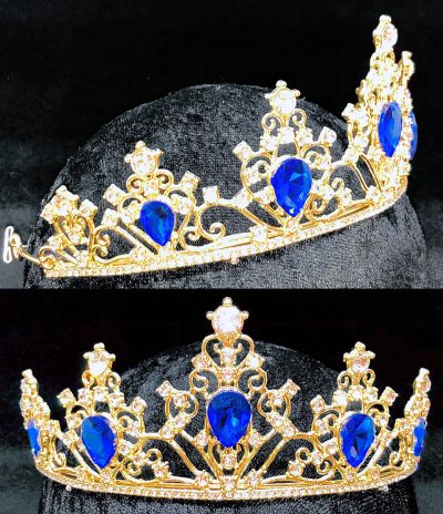 Gold Anastasia tiara with Rhinestones and tear-shaped blue stones.