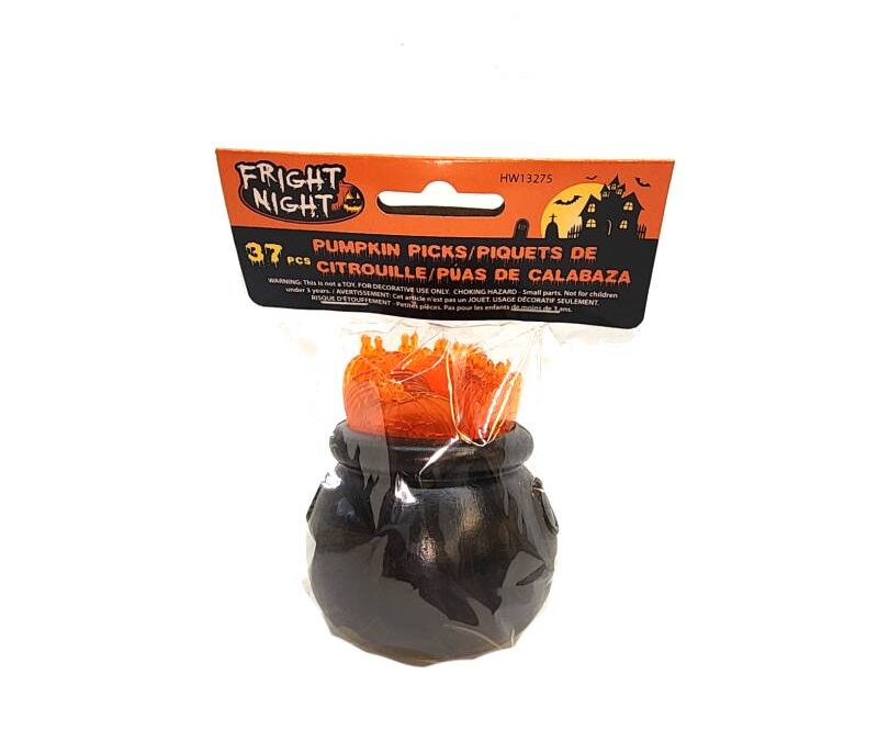 Small Plastic Jack-O-Lantern Picks in Cauldron