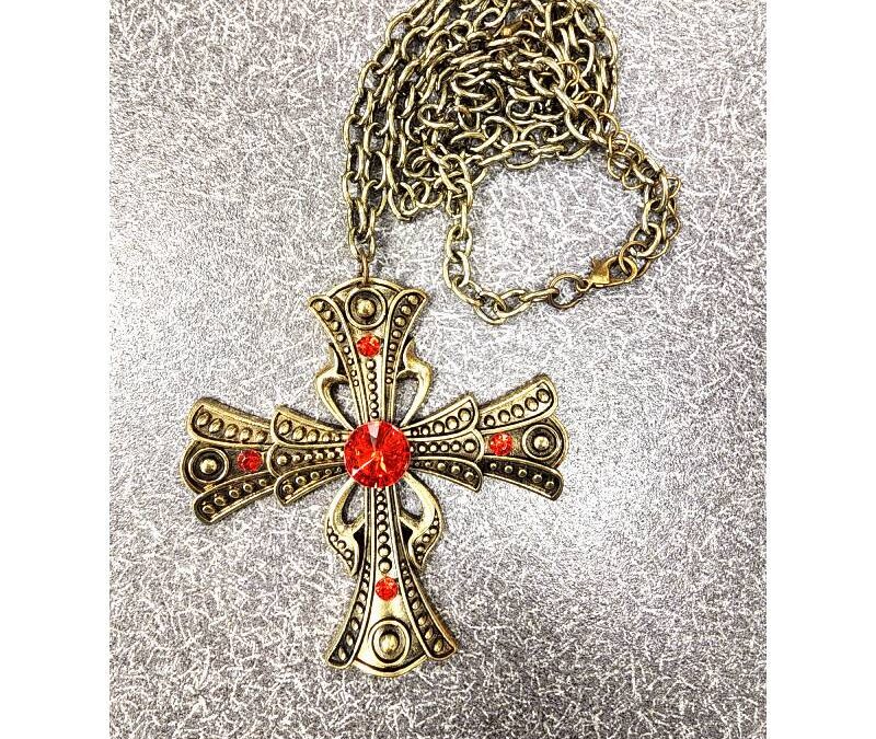 Metal Vampire Cross Necklace w Jewels