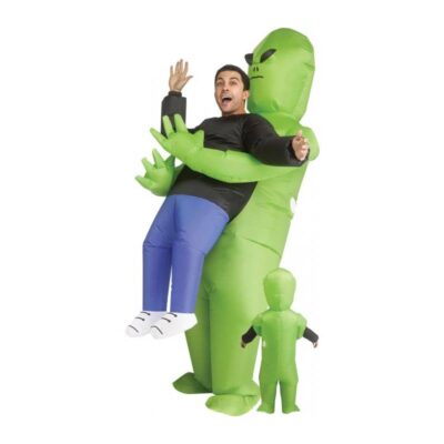 Adult wearing a green Inflatable Alien Abductor Costume that creates the illusion of being carried away, with a rear-view inset.