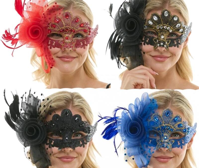 Jeweled Half Mask w Flowers & Feathers