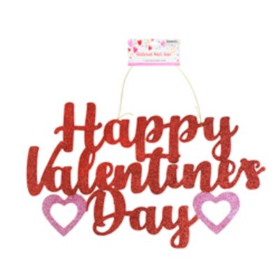 Red Glittered Happy Valentine's Day sign with pink hearts.