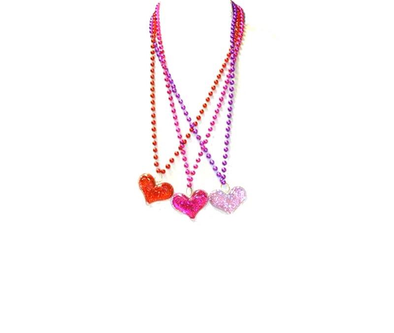Metallic Bead Necklace w/Glittered Heart Pendant