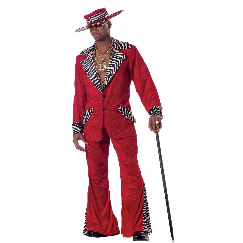 Adult wearing a red pimp costume with a velvet-look zebra-trimmed jacket, matching flared pants, coordinating hat, sunglasses, jewelry, and cane.